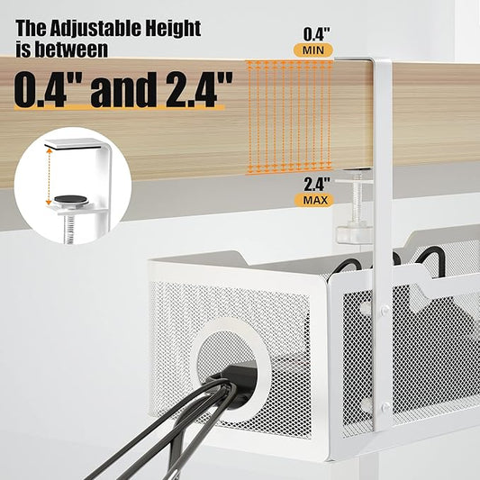 Under Desk Cable Management Tray White, Cinati Wire Organizers No Drill, Cable Tray with Clamp for Wire Management, Cord Organization Box for Office, Home - No Damage to Desk
