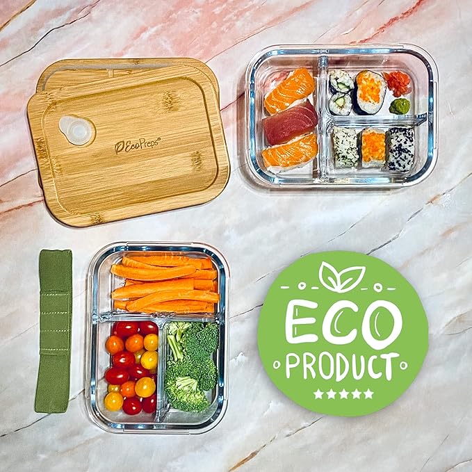 EcoPreps Glass Bento Box Containers with Bamboo Lids, 3 Compartment Glass Meal Prep Containers (3 Pack) - 100% Plastic Free, Eco-Friendly Lunch Container Set, Bamboo Lid Bento Boxes for Adults