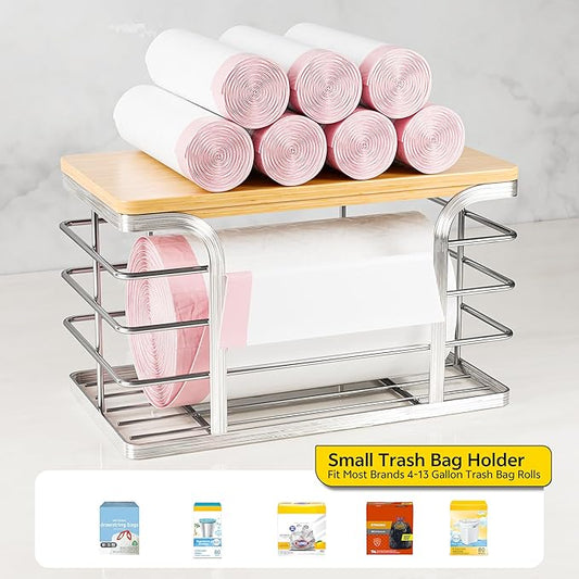 Trash Bag Holder with Bamboo Top, Wall Mount 304 Stainless Steel Garbage Bag Dispenser,Stackable Storage Suitable for Garbage Bags of 100 Rolls under 13 Gallons,Silver Small