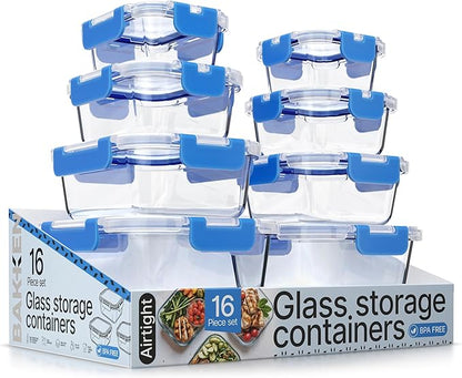 Bakken Borosilicate Glass Food Storage Containers with Lids 16 Pieces, BPA-Free Stackable Lunch & Leftover Containers, Microwave, Freezer & Dishwasher Safe, 100% Airtight Leak-Proof, Blue