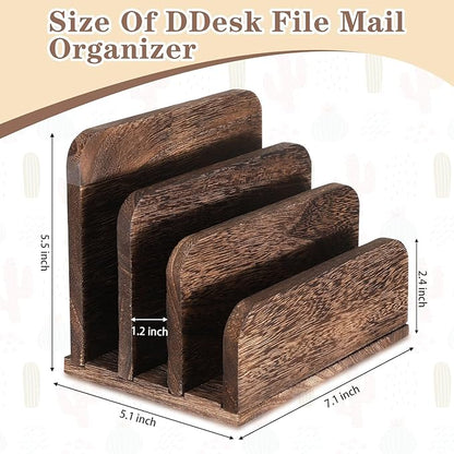 Wooden Mail Holder 3 Slots Mail Organizer for Desk Wood File Paper Letter Sorter for Letter Envelope Filing Cell Phone Document Storage, Organizer Tray for Office and Home (Dark Brown)
