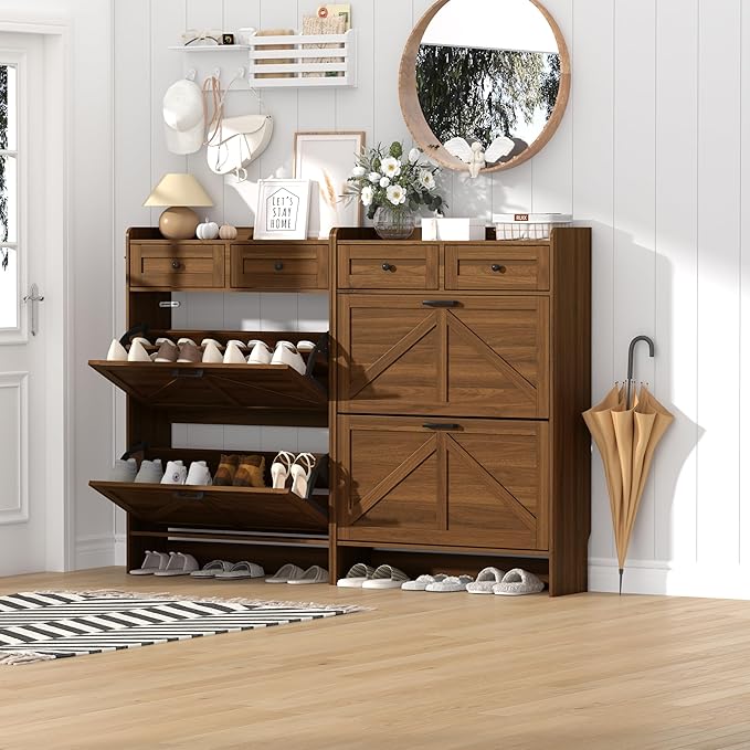 Shoe Cabinet with 2 Flip Drawers & 2 Storage Drawers, Rustic Farmhouse Narrow Shoe Organizer Cabinet, Slim Shoe Rack Cabinet, Shoe Storage Cabinet for Entryway, Hallway, Front Door