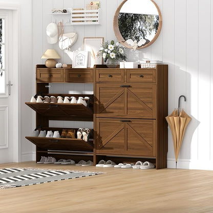 Shoe Cabinet with 2 Flip Drawers & 2 Storage Drawers, Rustic Farmhouse Narrow Shoe Organizer Cabinet, Slim Shoe Rack Cabinet, Shoe Storage Cabinet for Entryway, Hallway, Front Door