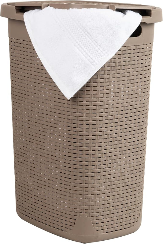 Mind Reader Slim Laundry Hamper with Lid, 60L Clothes Basket, Premium Wicker Design, Plastic, Tan