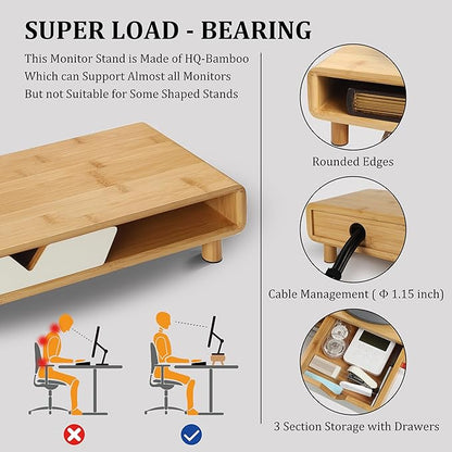 Homerays Monitor Stand with Drawer, Exquisite Computer Monitor Stand for Desk, Ergonomic Wood Monitor Stand Riser for Computer,Laptop,Printer,TV,Bamboo,White