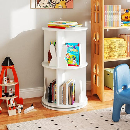 Costzon Kids Rotating Bookshelf, 2 Tier Small Book Shelf with Bookends, 360° Display Spinning Bookshelf Tower, Corner Bookshelf for Small Space, Kids Room, Bedroom, Nursery (White)