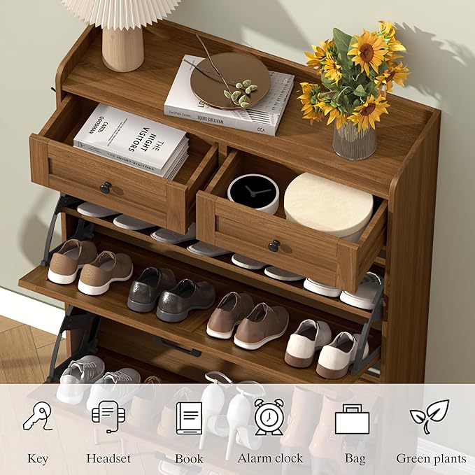 Shoe Cabinet with 2 Flip Drawers & 2 Storage Drawers, Rustic Farmhouse Narrow Shoe Organizer Cabinet, Slim Shoe Rack Cabinet, Shoe Storage Cabinet for Entryway, Hallway, Front Door