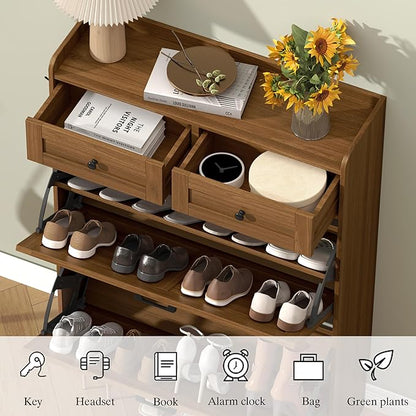Shoe Cabinet with 2 Flip Drawers & 2 Storage Drawers, Rustic Farmhouse Narrow Shoe Organizer Cabinet, Slim Shoe Rack Cabinet, Shoe Storage Cabinet for Entryway, Hallway, Front Door