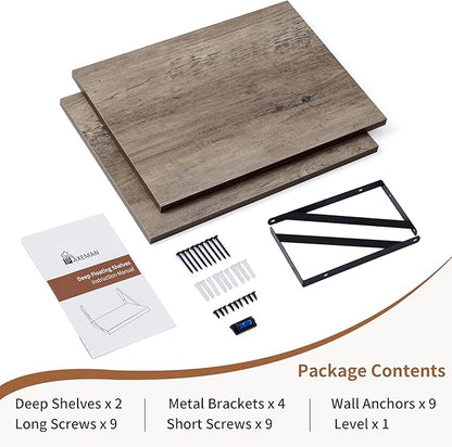 Axeman Deep Floating Shelves for Wall, 12 Inch Deep Floating Shelves Set of 2, 16W x 12D Rustic Grey Wood Large Wall Mounted Shelves for Living Room Kitchen Bathroom Bedroom - Grey