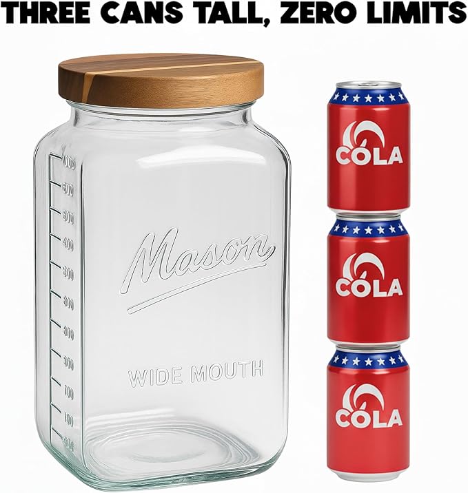 kitchentoolz 2 Gallon Glass Mason Jar with Airtight Wooden Lid – Wide Mouth Square Storage Container with Measurement Marks – Ideal for Pantry Organization, Dry Goods & Food Prep