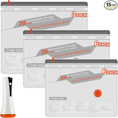 Travel Vacuum Bags with Pump - 15 Pack Space Saver Bag for Travel & Home, Clothes, Bedding, Blankets, Seasonal Storage