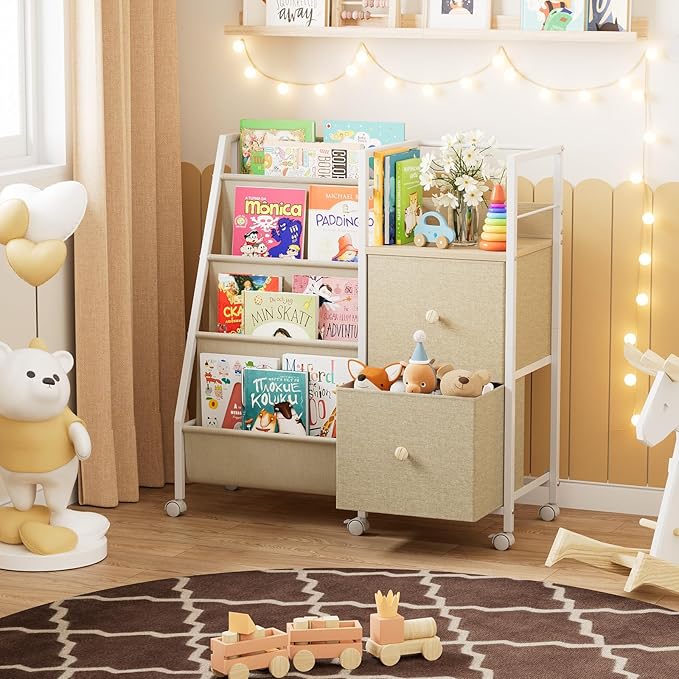Book Shelf for Kids Rooms, Toddler Bookshelf Baby Bookcase with Kids Storage for Nursery, Bedroom, Playroom, Easy Assembly (Off White)