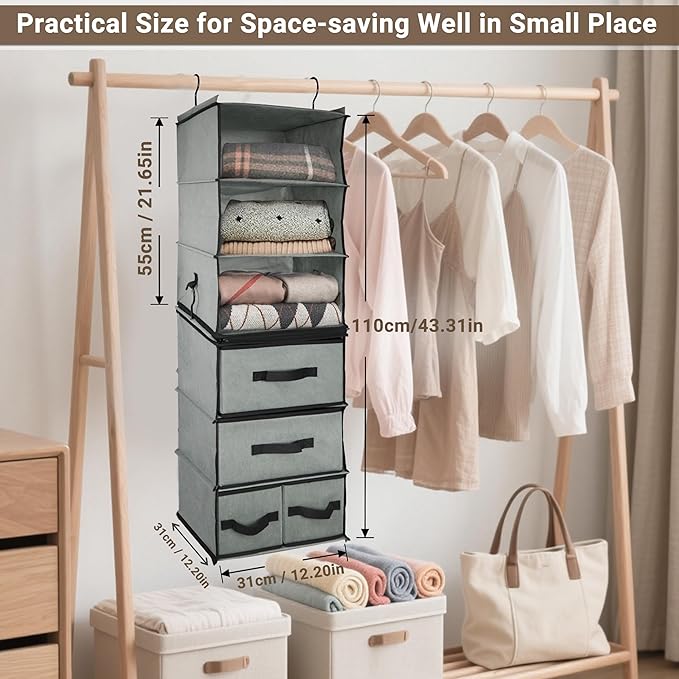 2-in-1 Durable 6-Tier Hanging Shelves with 4 Removable Drawer,2 Separable 3-Tier Thickened Fabric Hanging Closet Clothes Storage Organizer Space-saving for Dorm,RV,Guestroom,Bedroom,Bathroom