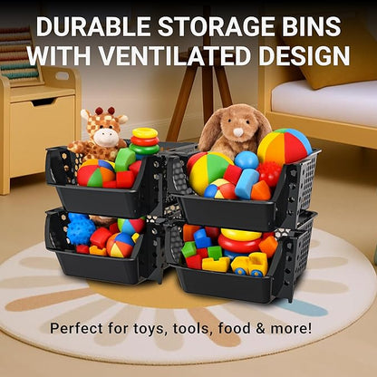 Skywin TidyFriend Stackable Storage Bins for Pantry, 4 Pack Stackable Bins for Organizing Snacks, Toiletries, and Small Essentials (Black)