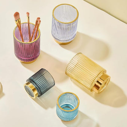 LEICURACE Makeup Brush Organizer, Toothbrush Holder, Desk Pen Pencil Holder, Multifunctional Vintage Glass Brush Cup (S/Gold/A3-12-US)