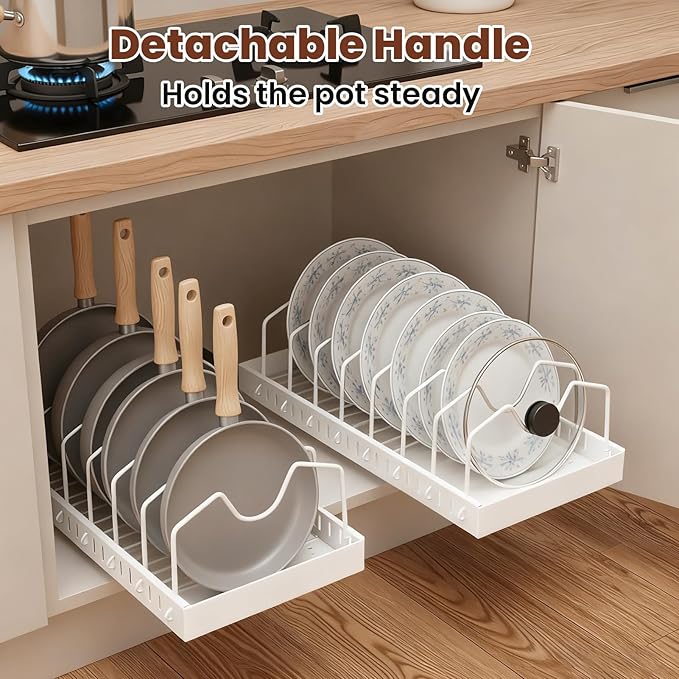WODHMIEY 2 Pcs Pots and Pans Organizer Under Cabinet - Expandable Pull Out Cabinet Organizer for Pots and Pans, Pan and Lid Organizers Inside Cabinet, Adjustable Storage Rack (WHITE)