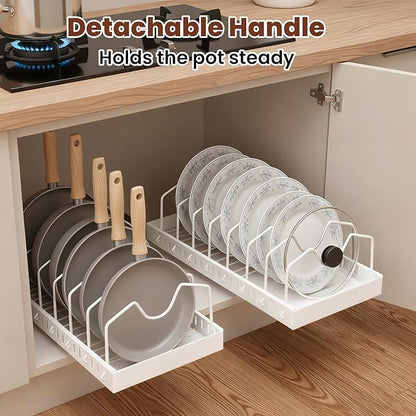 WODHMIEY 2 Pcs Pots and Pans Organizer Under Cabinet - Expandable Pull Out Cabinet Organizer for Pots and Pans, Pan and Lid Organizers Inside Cabinet, Adjustable Storage Rack (WHITE)