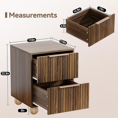 HOCAT Fluted Nightstand, Walnut Finish Bedside Table with Spacious Storage Drawers, Night Stand with Solid Wood Round Legs for Bedroom, End Table, Side Table