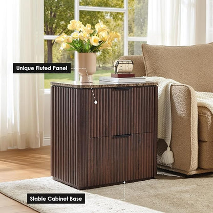 Fluted Nightstand Set of 2, Bedside Table with 2 Drawers, Engineered Wood End Table with Faux Marble-Top, Curved Corners, Metal Handle, Modern Night Stand for Bedroom, Small Spaces, Dark Oak