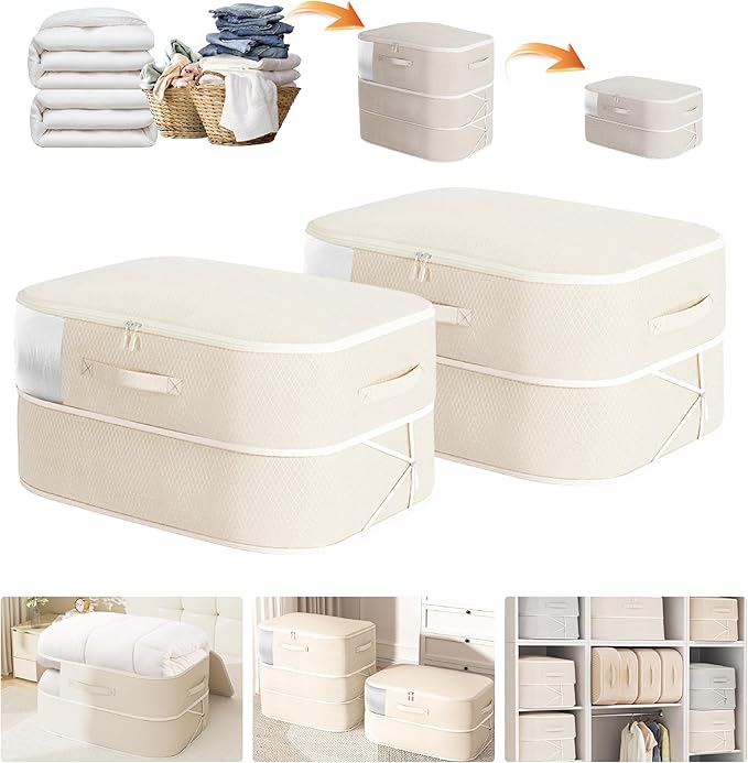 Compression Storage Bags for Bedding, 68L*2PCS Ultra Space Saving Self Compression Organizer with Transparent Window, Used for Storing Comfortable Blankets,Bedding,Pillows,Clothes (Beige 21x16x11 in)