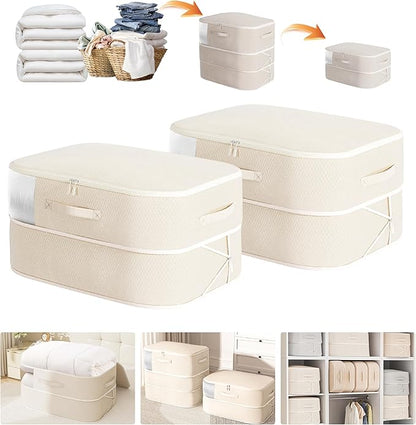 Compression Storage Bags for Bedding, 68L*2PCS Ultra Space Saving Self Compression Organizer with Transparent Window, Used for Storing Comfortable Blankets,Bedding,Pillows,Clothes (Beige 21x16x11 in)