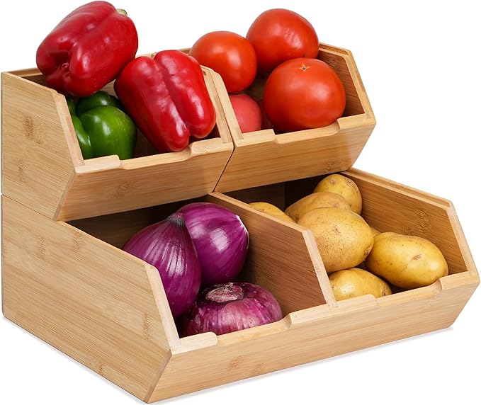 Bamboo Pantry Storage Bins, Stackable Potato and Onion Storage, Pantry Produce Organizer for Fruit and Vegetable