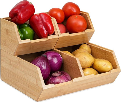 Bamboo Pantry Storage Bins, Stackable Potato and Onion Storage, Pantry Produce Organizer for Fruit and Vegetable