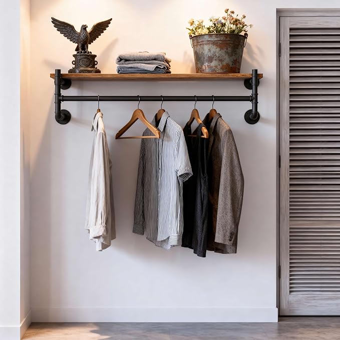 WEBI Wall Mounted Clothes Rack with Shelf,36" Industrial Pipe Clothing Rack with Shelf with Hanging Rod,Heavy Duty Iron Garment Rack Bar,Retail Display Clothes Rod for Laundry Room,Closet,Black