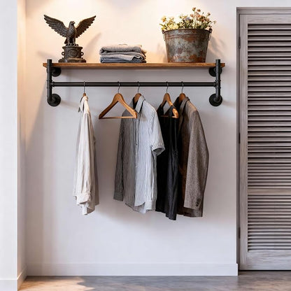 WEBI Wall Mounted Clothes Rack with Shelf,36" Industrial Pipe Clothing Rack with Shelf with Hanging Rod,Heavy Duty Iron Garment Rack Bar,Retail Display Clothes Rod for Laundry Room,Closet,Black