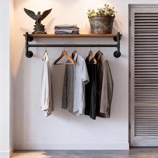 WEBI Wall Mounted Clothes Rack with Shelf,36" Industrial Pipe Clothing Rack with Shelf with Hanging Rod,Heavy Duty Iron Garment Rack Bar,Retail Display Clothes Rod for Laundry Room,Closet,Black