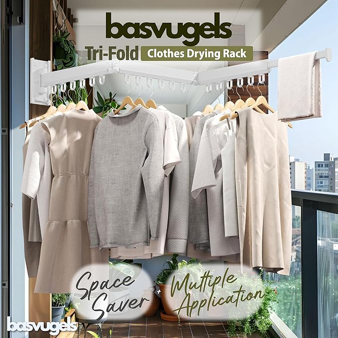 Clothes Drying Rack - Comes with Portable Travel Clothes Hanger 2X -Wall Mounted Drying Rack - Space Saving - Easy to Install - Clothes Hanging - Retractable - (Tri-Fold) (White/Beige)