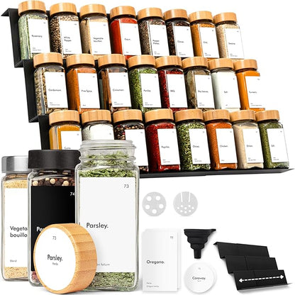 KIVY Drawer Spice Organizer + 24 Jars & 240 Labels - Seasoning Rack for Organization - Kitchen Drawer Insert for Spice Jars - Glass Seasoning Jars with Airtight Lids - Glass Spice Jars with Label