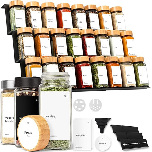 KIVY Drawer Spice Organizer + 24 Jars & 240 Labels - Seasoning Rack for Organization - Kitchen Drawer Insert for Spice Jars - Glass Seasoning Jars with Airtight Lids - Glass Spice Jars with Label