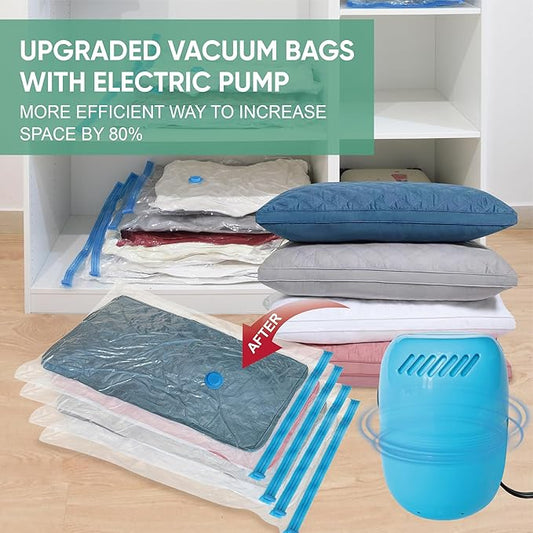 Vacuum Storage Bags with Electric Pump, 10 Large Space Saver Vacuum Seal Bags with Pump, Vacuum Sealer Compression for Clothes, Comforters, Blankets, Bedding