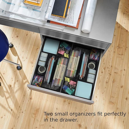 Desk Drawer Organizer Tray, Metal Mesh Drawer Office Drawer Organizer w/6 Compartment, Small Desk Organizer Tray for Home Office School Supplies, Desktop, 11X 6 X 1.45in, Black