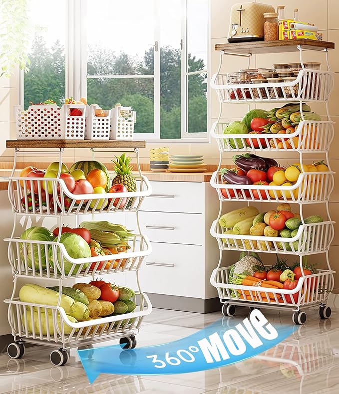 MURRI&MURRDI Fruit Vegetable Storage Basket with Wooden Lid, 6 Tier Stackable Kitchen Cart with Wheels, Tall Produce Snack Racks Display, Narrow Rolling Cart for Pantry Onion Potato, White