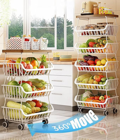 MURRI&MURRDI Fruit Vegetable Storage Basket with Wooden Lid, 6 Tier Stackable Kitchen Cart with Wheels, Tall Produce Snack Racks Display, Narrow Rolling Cart for Pantry Onion Potato, White
