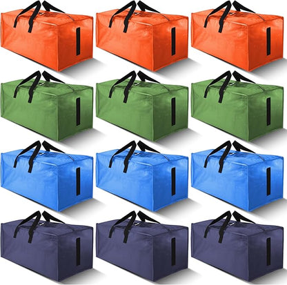 12 Pack Large Strong Moving Bags with Zippers & Carrying Handles - Water-Resistant - Heavy Duty Storage Tote for Space Saving, Fold Flat, Alternative to Moving Box (Multicolored)