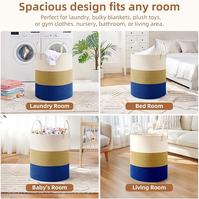 Cotton Rope Basket，Large Blanket Basket for Living Room,Woven cotton rope laundry baskets，For Bathroom Dirty Clothes ，Nursery Toys，pillow storage organization, 80L,white and dark blue.