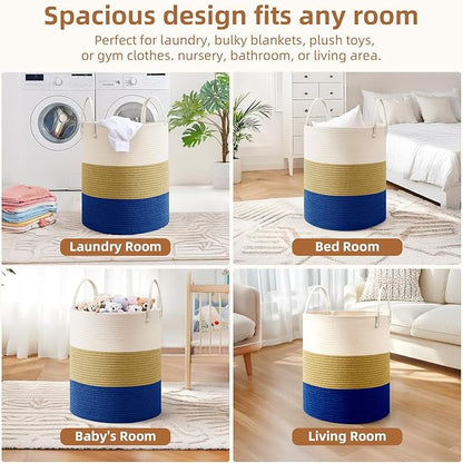 Cotton Rope Basket，Large Blanket Basket for Living Room,Woven cotton rope laundry baskets，For Bathroom Dirty Clothes ，Nursery Toys，pillow storage organization, 80L,white and dark blue.
