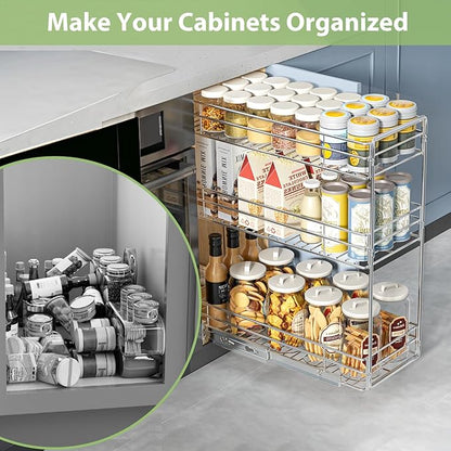 Pull Out Spice Rack Cabinet Organizer 8½" W x 20½" D, 3 Tier Heavy Duty Sliding Spice Cabinet Organization for Narrow Cabinet, Pull Out Shelves for Kitchen