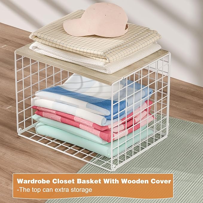 Wider Stackable Closet Organizers and Storage with Top Board, 3 Pack Closet Shelf Organizer, Double Storage Design, Clothes Storage Cubes/Bins/Baskets for Wardrobe, Space-Saving, White,Sturdy,Metal