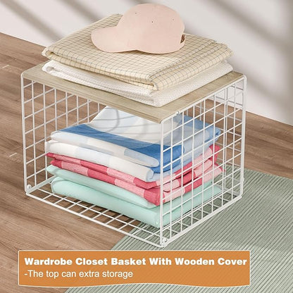 Wider Stackable Closet Organizers and Storage with Top Board, 3 Pack Closet Shelf Organizer, Double Storage Design, Clothes Storage Cubes/Bins/Baskets for Wardrobe, Space-Saving, White,Sturdy,Metal