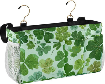 CuwrYet Bedside Caddy Hanging Bunk Bed Caddy Bed Organizer Hanging Pocket with 2 Hooks Bedside Storage Organizer Pocket Bag Holder Green Nature St Patrick Clovers