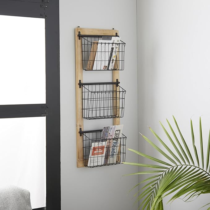 Deco 79 Metal 3 Slot Magazine Rack Holder with Wood Frame and Suspended Wire Baskets, 14" x 5" x 34", Black