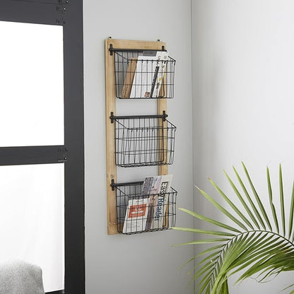 Deco 79 Metal 3 Slot Magazine Rack Holder with Wood Frame and Suspended Wire Baskets, 14" x 5" x 34", Black