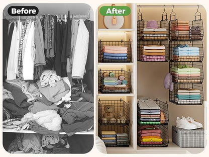 4" Extra Deeper Hanging Closet Organizers and Storage,4 Tier Foldable Wire Cabinet Shelves with 5 S Hooks,Small Metal Basket Bins for Clothes Sweaters Handbags, Wardrobe for Kitchen Laundry Room，Black