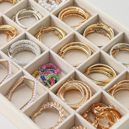 Stackable Jewelry Organizer Tray For Drawers,White Leather Small Earring Storage Tray,Bracelet And Necklace Display Box,Jewelry Ring Display Case (Creamy White 24 Grids)