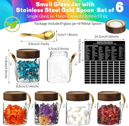 Small Glass Jar with Airtight Lids Spoons Sugar Ground Canister Round Food Storage Container for Spice Coffee Beans Nut Pasta Candy Rice Loose Tea (300ml/10oz-6Pack)