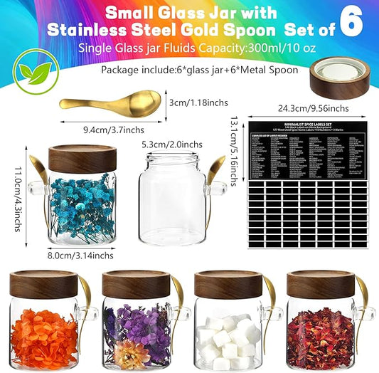 Small Glass Jar with Airtight Lids Spoons Sugar Ground Canister Round Food Storage Container for Spice Coffee Beans Nut Pasta Candy Rice Loose Tea (300ml/10oz-6Pack)